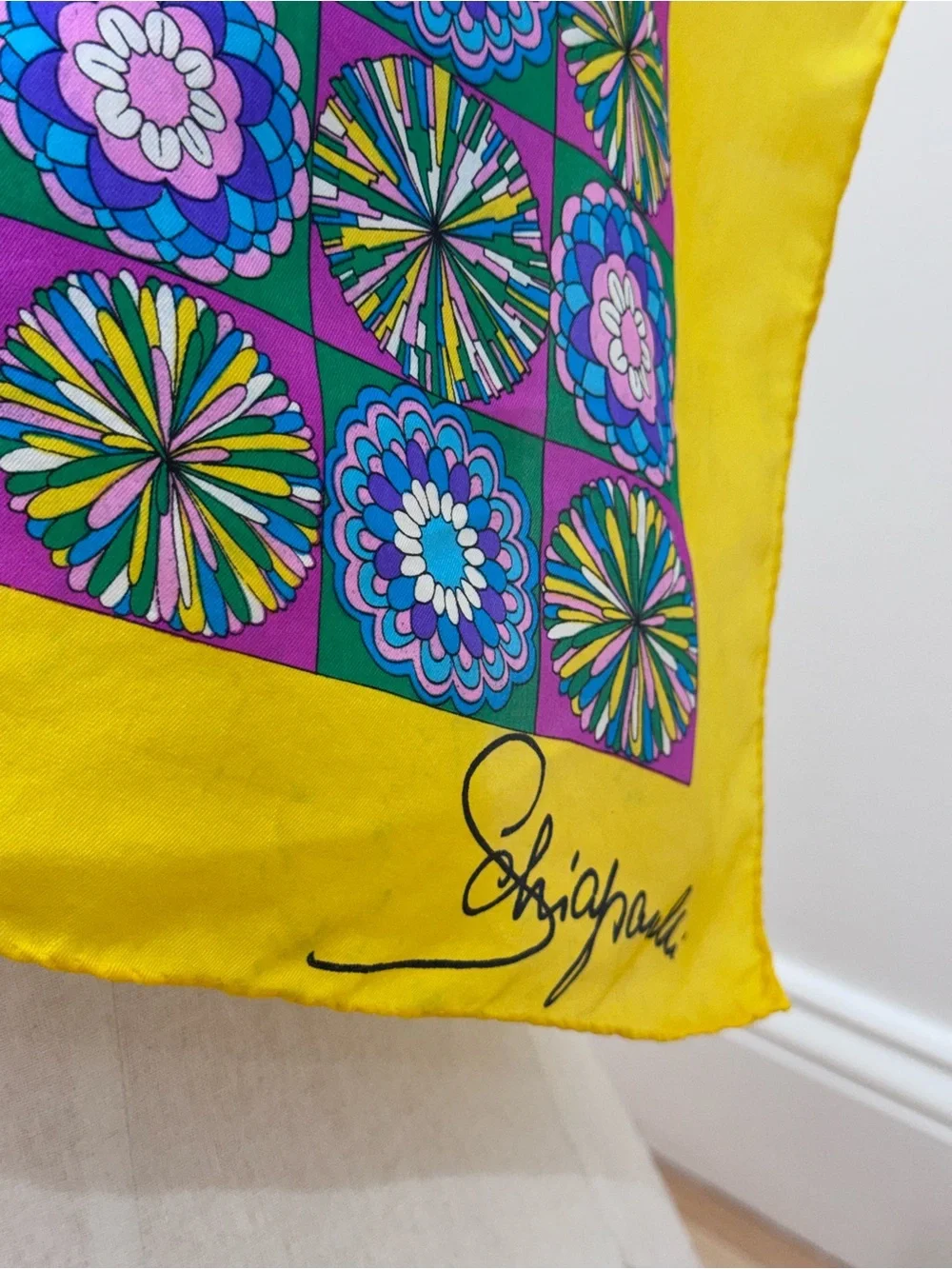 Schiaparelli Bright Yellow Purple Mod Silk Scarf 23” x 23” retro vintage